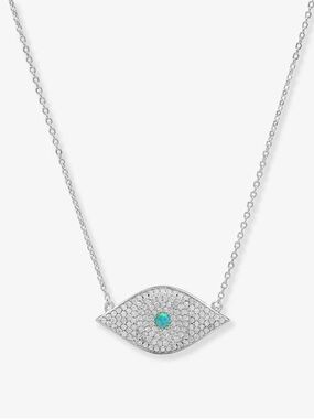 Silver Pavé Evil Eye Necklace with Blue Opal Accent
